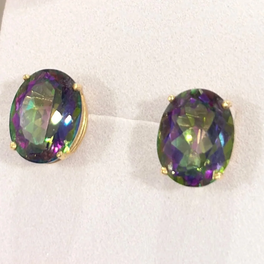 Mystic Topaz 14K Gold Stud Earrings: Clyde Duneier Vintage Solitaire - Picture 6 of 7